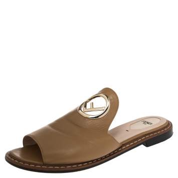 Pre Owned Fendi Tan Leather F Logo Open Toe Flat Mules 39.5