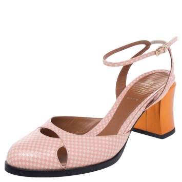Pre Owned Fendi White/Pink Checkerboard Leather Ankle Strap Sandals Size 39