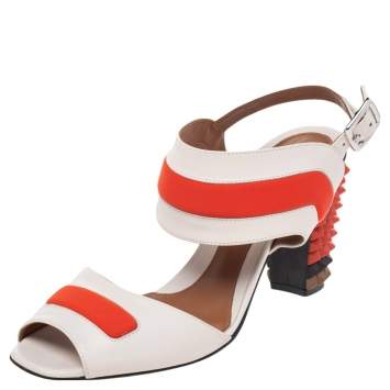 Pre Owned Fendi White/Orange Leather And Fabric Studded Heel Ankle Strap Sandals Size 38.5