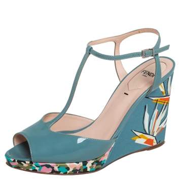 Pre Owned Fendi Blue Patent Leather and Printed Fabric Wedge Sandals Size 37
