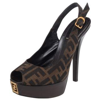 Pre Owned Fendi Tobacco Zucca Canvas Fendista Platform Peep Toe Slingback Sandals Size 39.5
