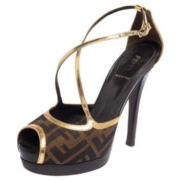 Pre Owned Fendi Zucca Canvas And Gold Leather Trim Cross Strap Platform Sandals Size 38