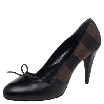 Pre Owned Fendi Black/Brown Leather And Canvas Bow Pumps Size 39