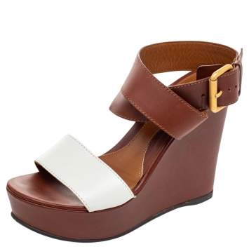Pre Owned Fendi Brown/White Leather Platform Ankle Strap Wedge Sandals Size 37.5