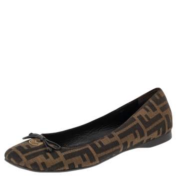 Pre Owned Fendi Brown Zucca Canvas Logo Bow Ballet Flats Size 40
