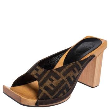 Pre Owned Fendi Zucca Canvas Wooden Mule Slide Sandals Size 39
