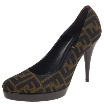 Pre Owned Fendi Tobacco Zucca Canvas Fendista Platform Pumps Size 38.5