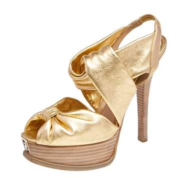Pre Owned Fendi Gold Leather Platform Slingback Sandals Size 38