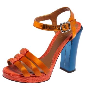 Pre Owned Fendi Orange Satin, Leather, And Lizard Embossed Leather Ankle Strap Sandals Size 38.5