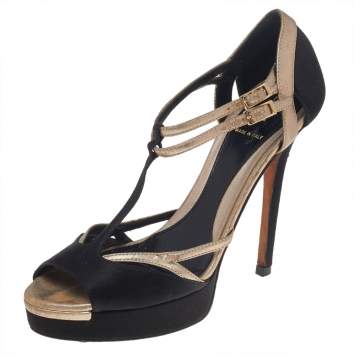 Pre Owned Fendi Black Satin And Leather T Strap Sandals Size 36.5
