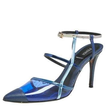 Pre Owned Fendi Blue/Grey Leather, Lizard Embossed Leather And PVC Ankle Strap Sandals Size 38.5