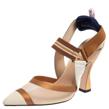 Pre Owned Fendi Beige/Brown Zucca Mesh And Leather Colibri Slingback Sandals Size 39