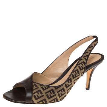 Pre Owned Fendi  Brown Zucca Canvas And Leather Slingback Sandals Size 38