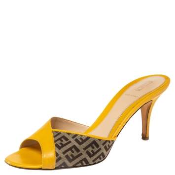Pre Owned Fendi Yellow/Brown Leather and Zucca Canvas Slide Sandals Size 38