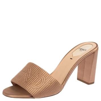 Pre Owned Fendi Beige Satin Logo Embroidered Slide Sandals Size 38.5