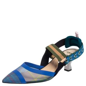 Pre Owned Fendi Multicolor Mesh And Canvas Colibri Slingback Pointed Toe Sandals Size  39