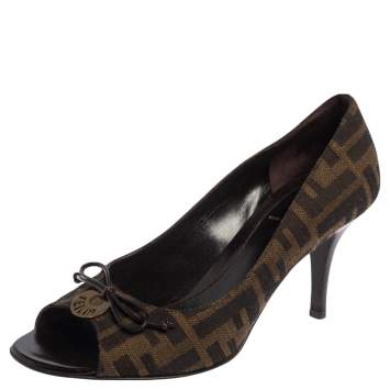 Pre Owned Fendi Brown Zucca Canvas Bow Peep Toe Pumps Size 36