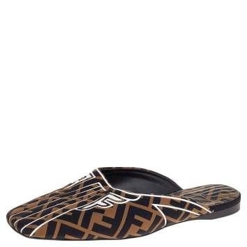 Pre Owned Fendi Brown FF Fabric Freedom Flat Mules Size 37