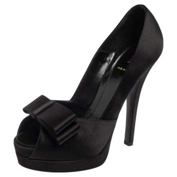Pre Owned Fendi Black Satin Bow Peep Toe Platform Pumps Size 38.5