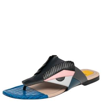 Pre Owned Fendi Multicolor Croc Embossed and Leather Bug Monster Thong Sandals Size 37