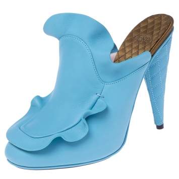 Pre Owned Fendi Blue Leather Stocking Heel Mule Sandals Size 37