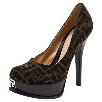 Pre Owned Fendi Brown Canvas Fendista Platform Pumps Size 39