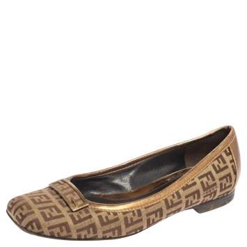 Pre Owned Fendi Gold/Brown Zucca Canvas and Leather Trim Ballet Flats Size 36