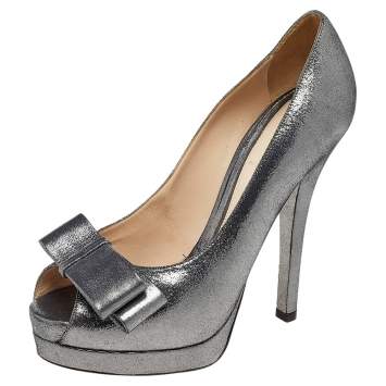 Pre Owned Fendi Metallic Dark Suede Deco Bow Peep Toe Pumps Size 38