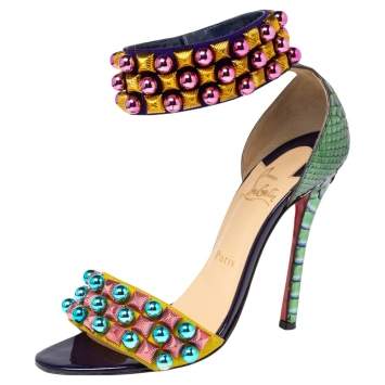 Pre Owned Christian Louboutin Multicolor Suede and Python Tudor Bal Ankle Cuff Sandals Size 37.5