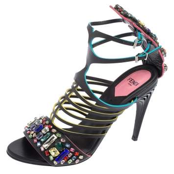 Pre Owned Fendi Black Leather Jewel Embellished Runway Strappy Sandals Size 37.5