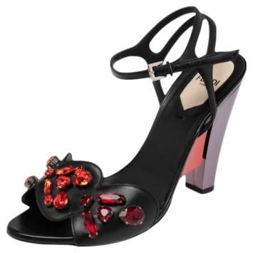 Pre Owned Fendi Black Leather Crystal Embellished Ankle Strap Sandals Size 37