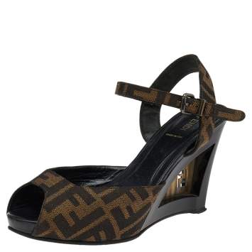 Pre Owned Fendi Brown Zucca Canvas Ankle Strap Wedge Sandals Size 39