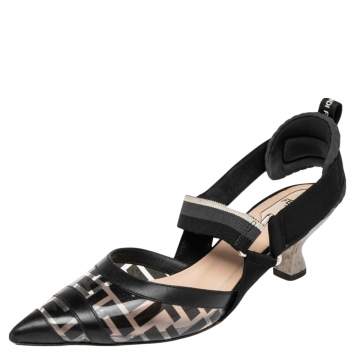 Pre Owned Fendi Black Zucca PVC And Leather Colibri Slingback Sandals Size 37