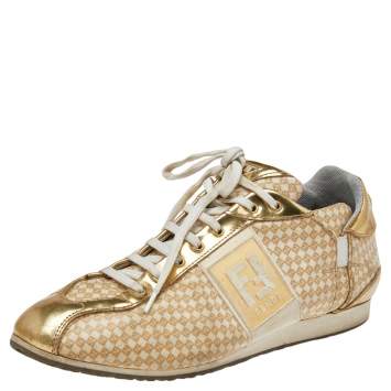 Pre Owned Fendi Beige/Gold Patent And Leather FF Logo Sneakers Size 39