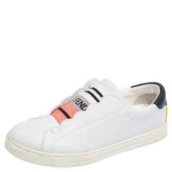 Pre Owned Fendi White Leather with Logo Knit Rockoko Scallop Detail Slip On Sneakers Size 37.5