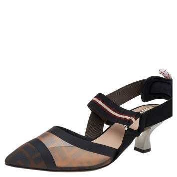Pre Owned Fendi Black/Tobacco Zucca FF Mesh And Leather Colibrì Slingback Sandals Size 39