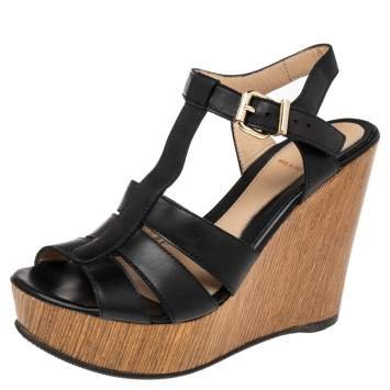Pre Owned Fendi Black Leather T Strap Wedge Platform Sandals Size 37.5