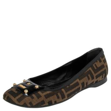 Pre Owned Fendi Tobacco Zucca Canvas And Patent Trim Ballet Flats Size 38.5