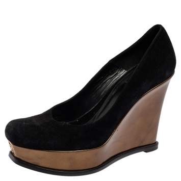 Pre Owned Fendi Black Suede Wedge Platform Pumps Size 40