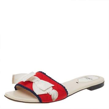 Pre Owned Fendi Multicolor Stretch Knit Bow Embellished Flat Slides Size 36.5