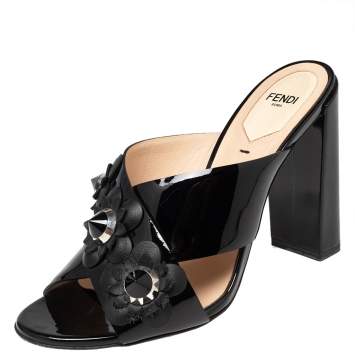 Pre Owned Fendi Black Patent Leather Flowerland Cross Strap Sandals Size 38.5