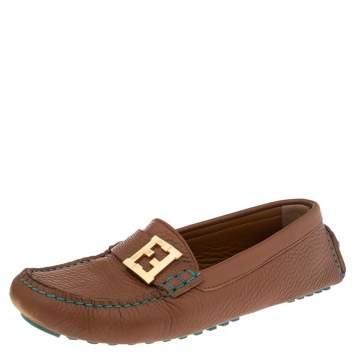 Pre Owned Fendi Brown/Turquoise Leather FF Logo Loafers Size 38.5