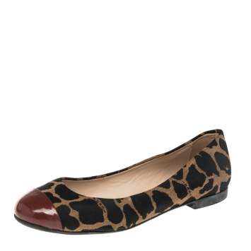 Pre Owned Fendi Brown/Black Patent Leather And Canvas Leopard Print Cap Toe Ballet Flats Size 39