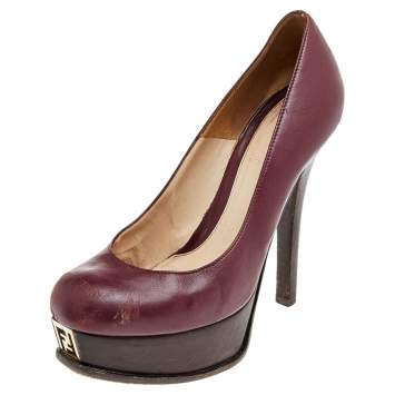 Pre Owned Fendi Burgundy Leather Fendista Platform Pumps Size 37.5