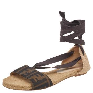 Pre Owned Fendi Brown FF Zucca Canvas And Jute Tie Up Flat Sandals Size 39