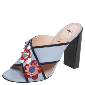 Pre Owned Fendi Light Blue Leather Flowerland Block Heel Slide Sandals Size 38.5