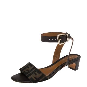 Pre Owned Fendi Brown Zucca Canvas And Leather Ankle Wrap Sandals Size 38