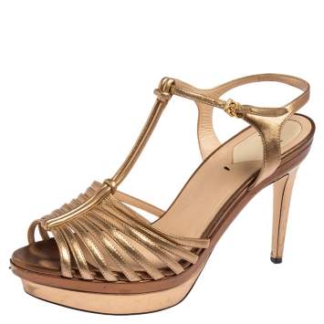 Pre Owned Fendi Metallic Gold Leather T Strap Platform Sandals Size 39