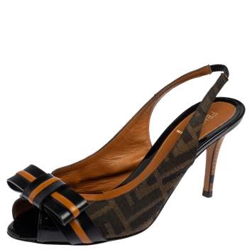 Pre Owned Fendi Tobacco Zucca Canvas and Leather Bow Peep Toe Slingback Sandals Size 38