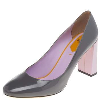 Pre Owned Fendi Grey Patent Leather Block Heel Pumps Size 39